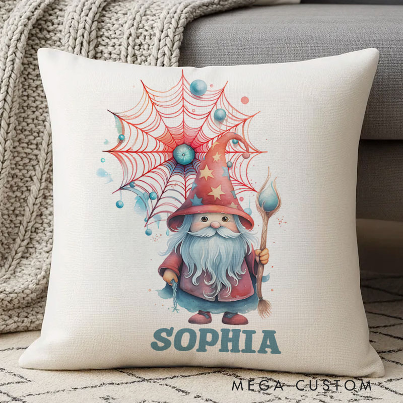 Personalized Halloween Gnome with Web and Spider Name Pillows for Whimsical Festive Decor