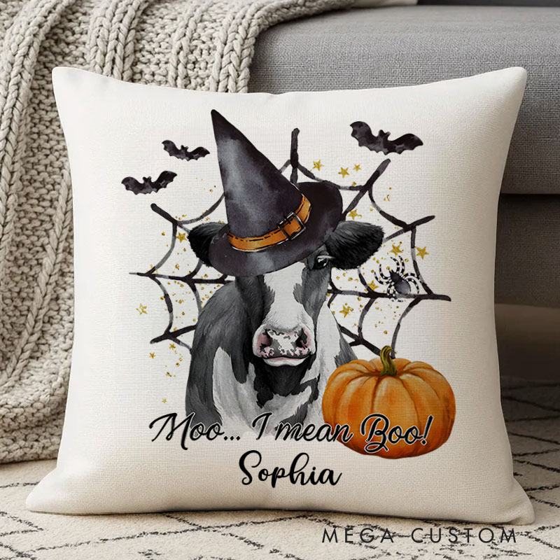 Personalized Moo I Mean Boo Halloween Cow Name Pillows for Funny and Unique Seasonal Decor