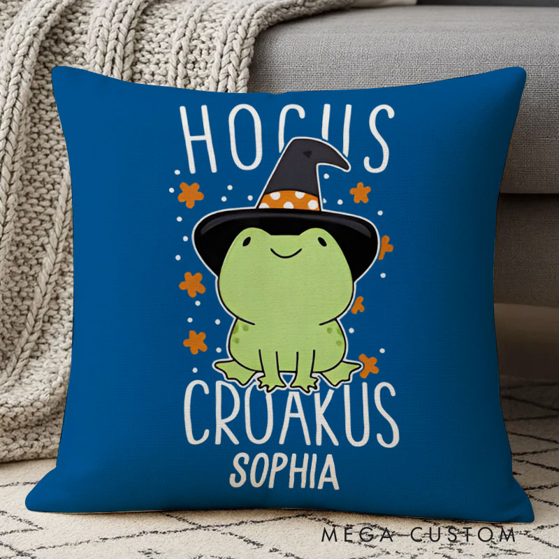 Personalized Hocus Croakus Frog Name Halloween Pillows for Cute and Playful Holiday Vibes