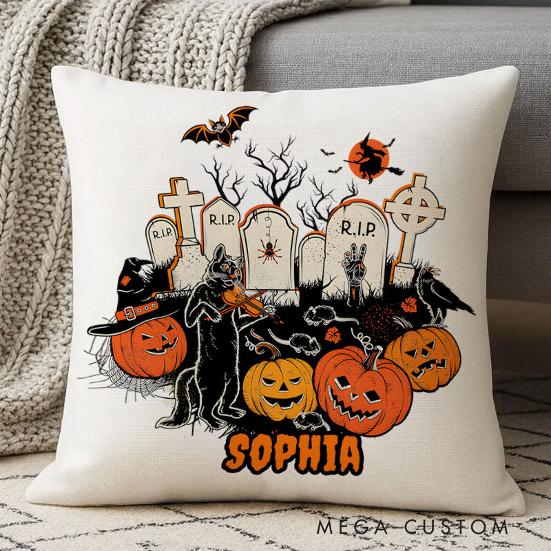 Personalized Spooky Graveyard Pumpkins and Ghosts Name Halloween Pillows for Eerie Holiday Fun