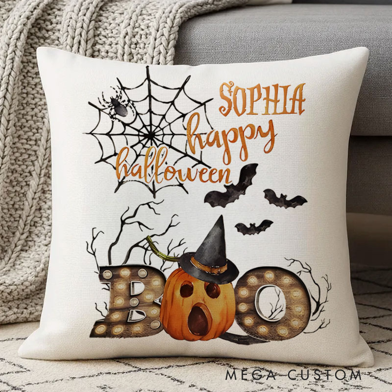 Personalized Happy Halloween Boo Witch Hat Name Pillows for Festive and Cheerful Holiday Charm