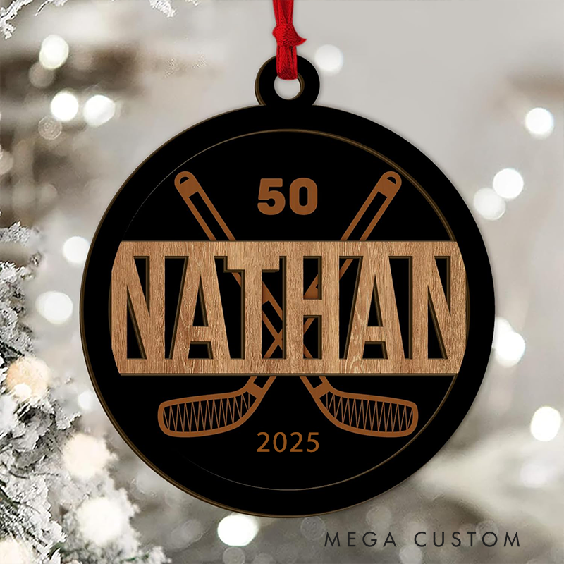 Personalized Hockey Ornament with Custom Name, Number, Year, and Crossed Sticks Design