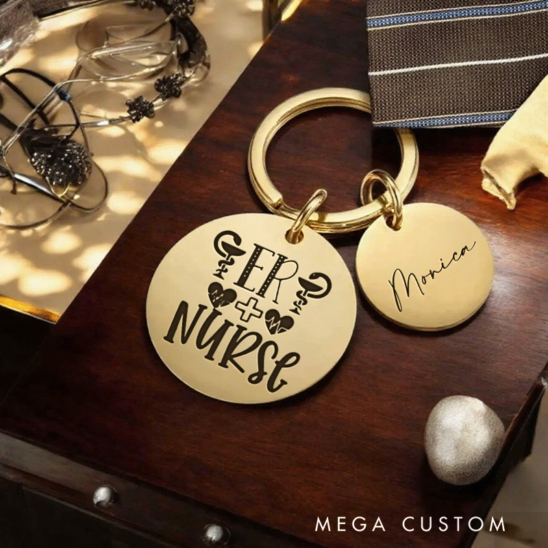 Personalized Nurse Stainless Steel Keychain Engraved Keychain Gift for Nurse ER Nurse Design Keychain