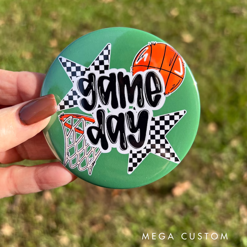 Personalized "Game Day" Button with Basketball Theme, Custom Colors, and Graphics