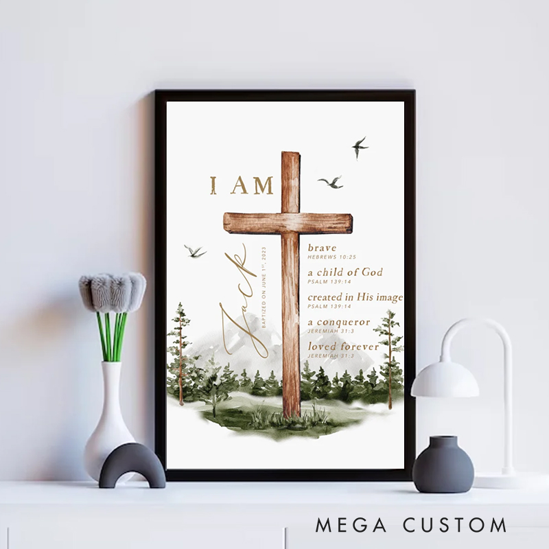 Personalized Cross Forest Bible Verse Framed Painting with Name and Text Wall Decor Christening Baptism Gift for Boys