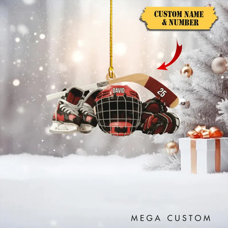 Personalized Hockey Ornament with Custom Name, Number, Gear Design, and Colors