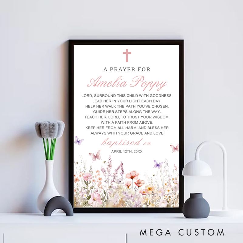Personalized Baptism Prayer Art Wildflower Framed Painting with Name and Text Wall Decor Baptism Christening Gift for Girls