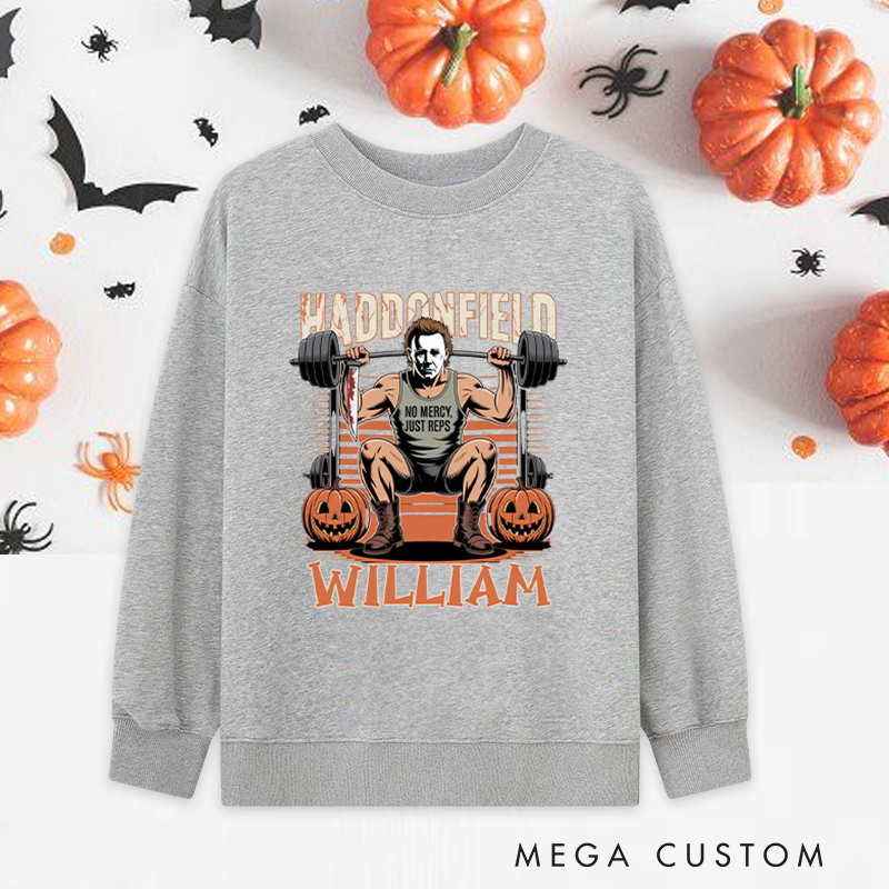 Personalized Halloween Classic Sweatshirts with Fierce Weightlifting Character Pumpkins Sweatshirts Gift for Fitness Enthusiasts Bodybuilders and Gym Lovers