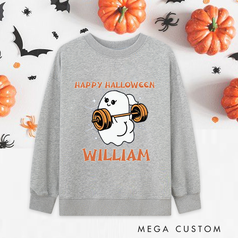 Personalized Halloween Classic Sweatshirts with Adorable Ghost Lifting Barbell Sweatshirts Gift for Fitness Enthusiasts Bodybuilders and Gym Lovers