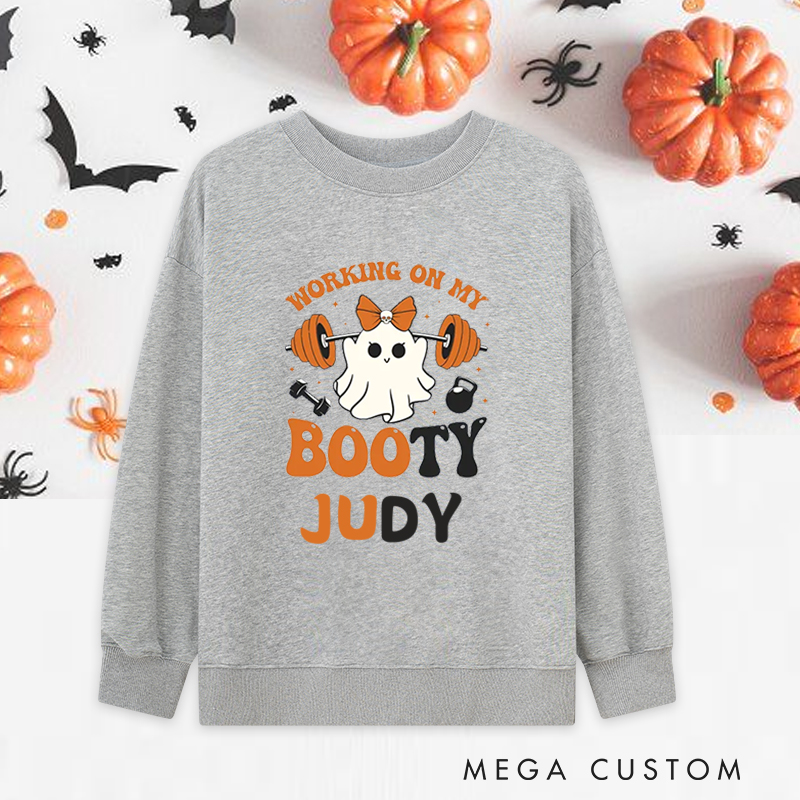 Personalized Halloween Classic Sweatshirts with Ghost Barbell Working on My Booty Sweatshirts Gift for Fitness Enthusiasts Bodybuilders and Gym Lovers