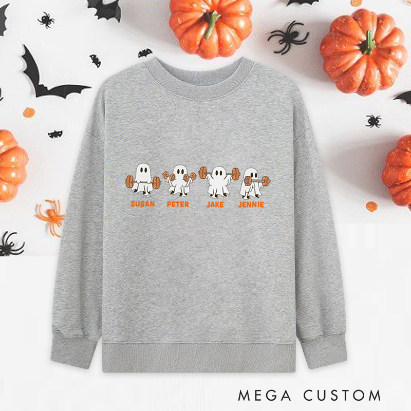 Personalized Halloween Classic Sweatshirts with Adorable Ghost Weightlifting Squad Sweatshirts Gift for Fitness Enthusiasts Bodybuilders and Gym Lovers