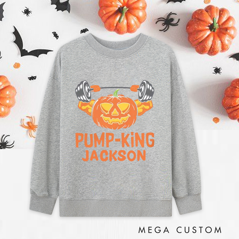 Personalized Halloween Classic Sweatshirts with Pump King Lantern Weightlifting Sweatshirts Gift for Fitness Enthusiasts Bodybuilders and Gym Lovers
