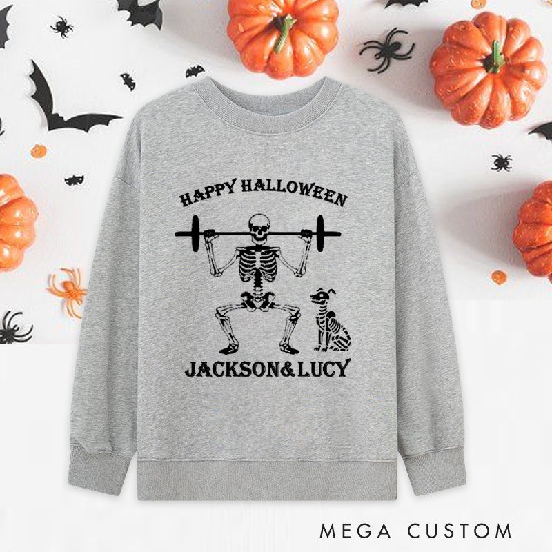 Personalized Halloween Classic Sweatshirts with Skeleton Weightlifting with Dog Sweatshirts Gift for Fitness Enthusiasts Bodybuilders and Gym Lovers
