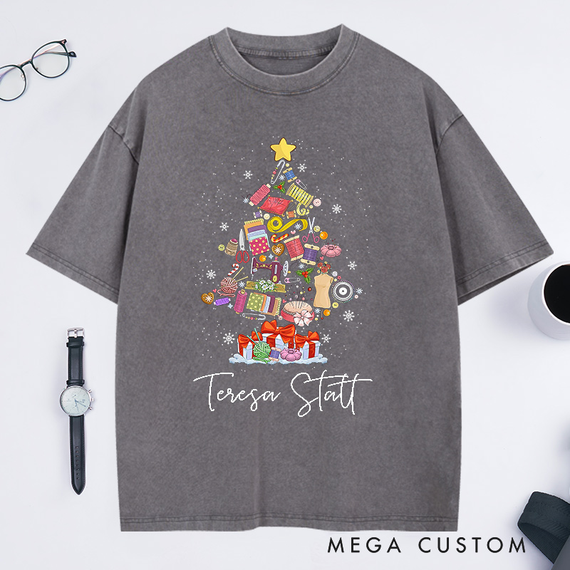 Personalized Sewing Machine Christmas Tree Washed T-Shirts Quilting Shirt Sewing Lover T-Shirt Christmas Tailor Gift Sewing Christmas Shirt