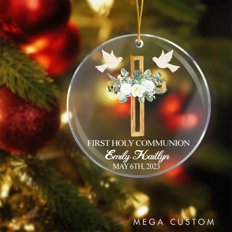 Personalized Cross Dove Nativity Acrylic Ornament with Name Date Christening First Holy Communion Gift for Christian Confirmation Gift