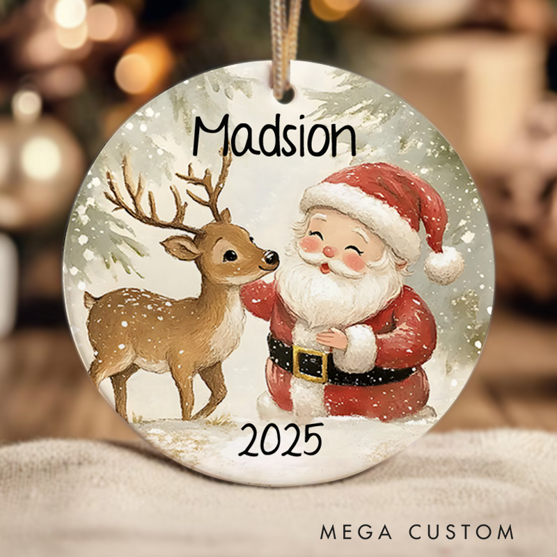 Personalized Santa and Rudolph Name Christmas Ornament Woodland Anima Keepsake Ornament