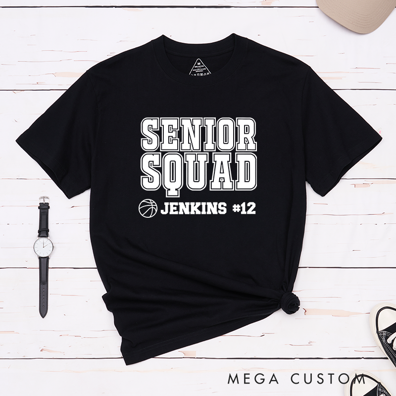 Personalized Senior Squad T-Shirt with Basketball Theme, Name and Number Customization