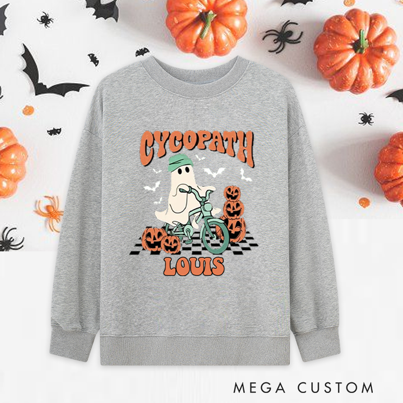 Personalized Halloween Classic Sweatshirts with Ghost Riding Bike with Pumpkins for Fitness Enthusiasts Bodybuilders and Gym Lovers