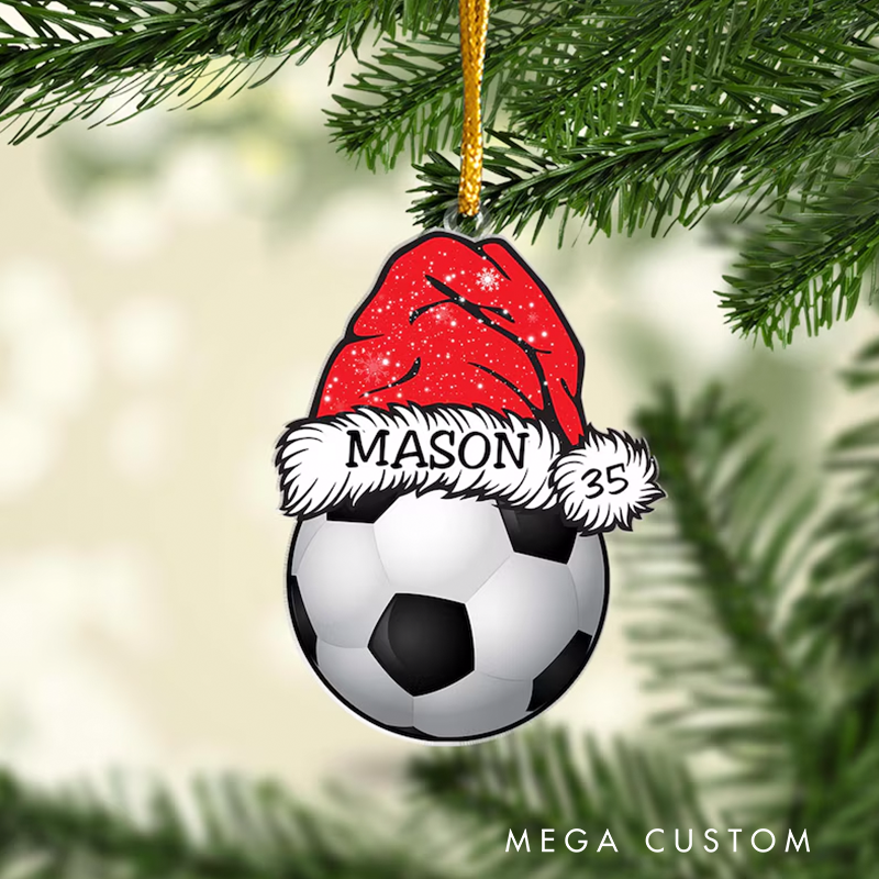 Personalized Soccer Ball Acrylic Christmas Ornament with Custom Name, Number, and Santa Hat Design