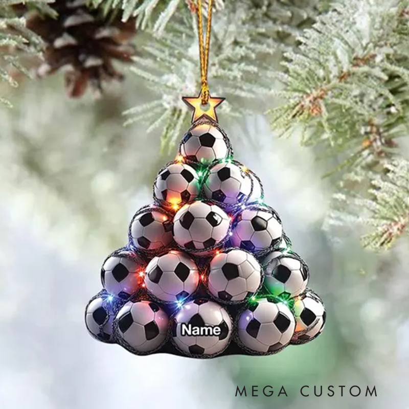 Personalized Soccer Ball Acrylic Christmas Tree Ornament with Custom Name and Festive Lights Design