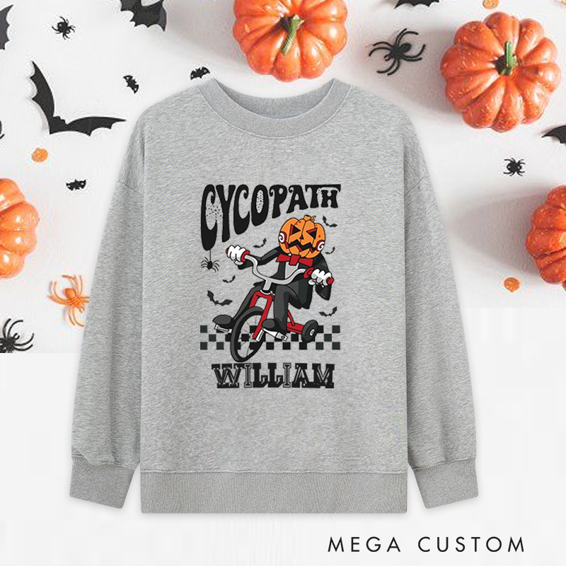 Personalized Halloween Classic Sweatshirts with Pumpkin Head Riding Tricycle for Fitness Enthusiasts Bodybuilders and Gym Lovers