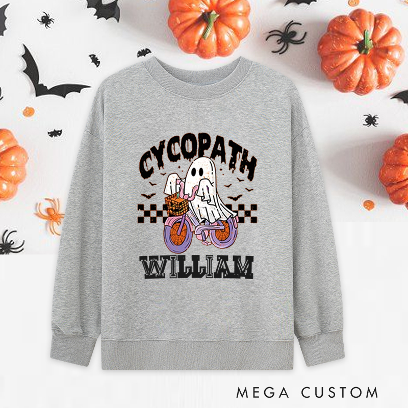 Personalized Halloween Classic Sweatshirts with Ghost Riding Bike with Basket for Fitness Enthusiasts Bodybuilders and Gym Lovers