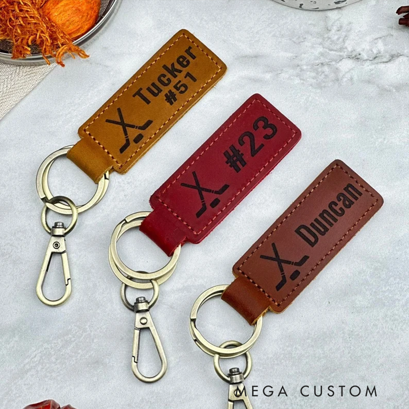 Personalized Leather Hockey Keychain with Custom Name and Number