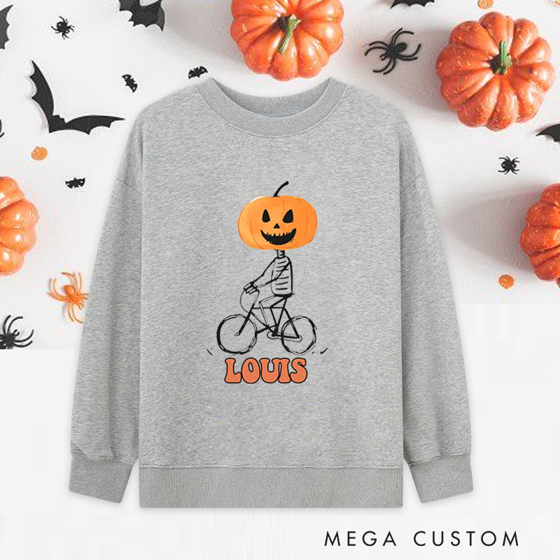 Personalized Halloween Classic Sweatshirts with Pumpkin Head Skeleton Riding Bike for Fitness Enthusiasts Bodybuilders and Gym Lovers