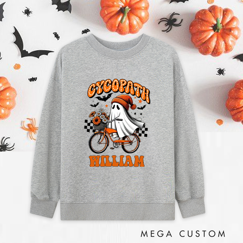 Personalized Halloween Classic Sweatshirts with Ghost Riding Bike with Flowers for Fitness Enthusiasts Bodybuilders and Gym Lovers