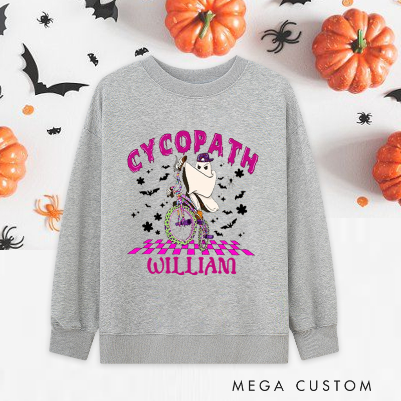 Personalized Halloween Classic Sweatshirts with Funny Ghost Biking with Spooky Bats for Fitness Enthusiasts Bodybuilders and Gym Lovers