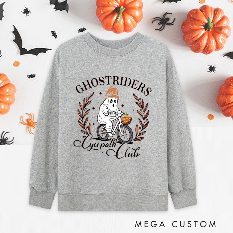 Personalized Halloween Classic Sweatshirts with Funny Ghost Biking with Autumn Wreath for Fitness Enthusiasts Bodybuilders and Gym Lovers