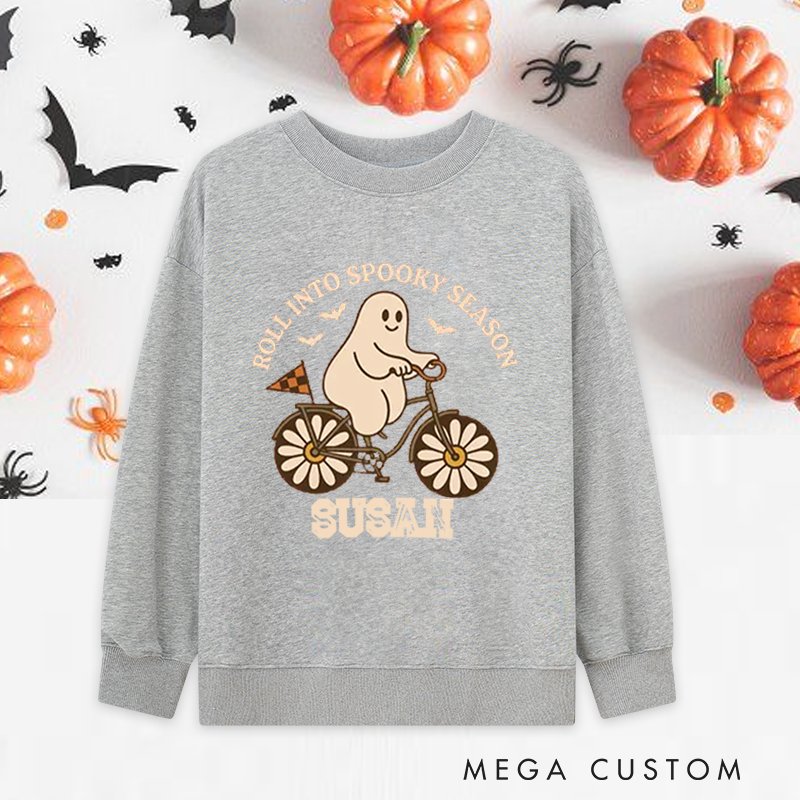 Personalized Halloween Classic Sweatshirts with Cute Ghost on Bicycle with Floral Wheels for Fitness Enthusiasts Bodybuilders and Gym Lovers