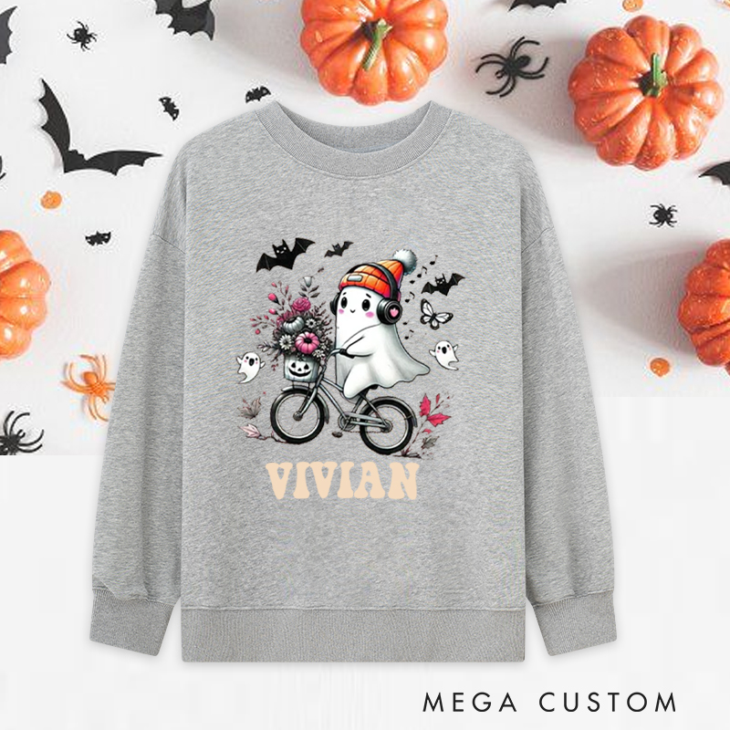 Personalized Halloween Classic Sweatshirts with Cute Ghost on Bike with Floral Basket and Headphones for Fitness Enthusiasts Bodybuilders and Gym Lovers