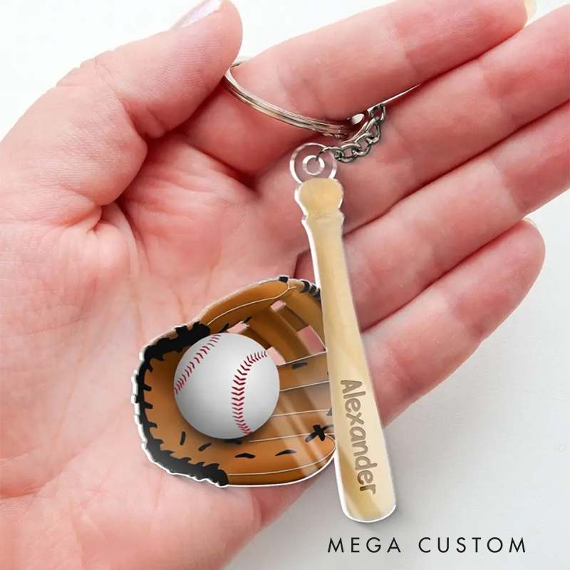 Personalized Baseball Acrylic Keychain with Custom Name on Mini Bat