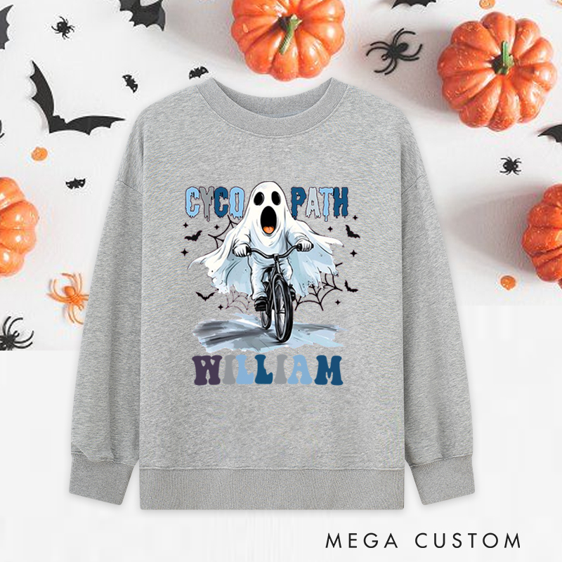 Personalized Halloween Classic Sweatshirts with Funny Ghost on Bicycle Screaming Face and Headphones for Fitness Enthusiasts Bodybuilders and Gym Lovers