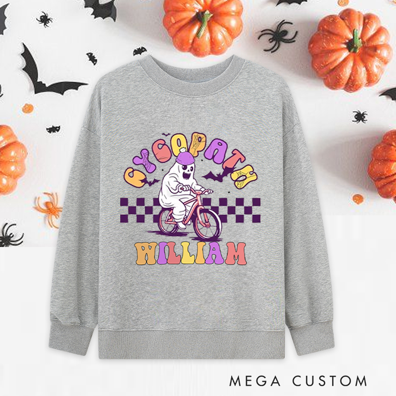 Personalized Halloween Classic Sweatshirts with Ghost on Bike with Purple Helmet for Fitness Enthusiasts Bodybuilders and Gym Lovers