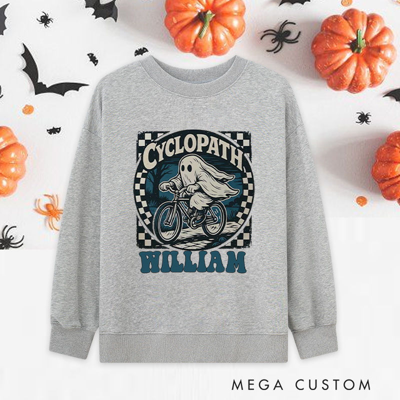 Personalized Halloween Classic Sweatshirts with Spooky Ghost Riding Bicycle for Fitness Enthusiasts Bodybuilders and Gym Lovers