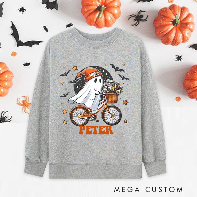 Personalized Halloween Classic Sweatshirts with Cute Ghost Riding Bike Basket of Flowers for Fitness Enthusiasts Bodybuilders and Gym Lovers