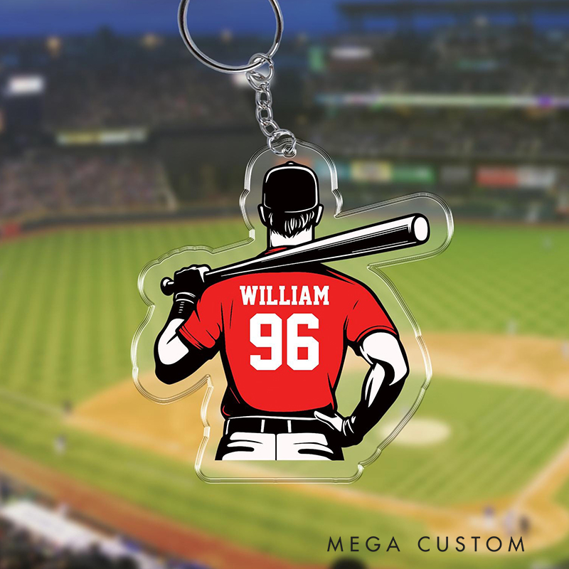 Personalized Acrylic Baseball Athlete Keychain with Customizable Team Colors and Text 