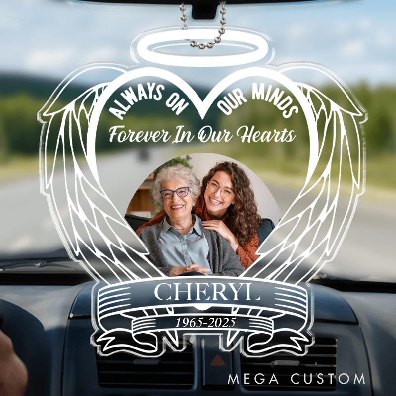 Personalized Memorial Car Ornament Customizable Photo Name Year Message Heart Shaped Angel Wing Keepsake