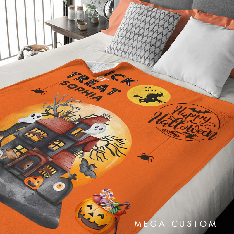 Personalized Spooky Halloween Scene Blanket Perfect for Trick or Treat and Haunted Themes