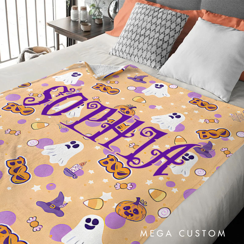 Personalized Candy and Ghost Pattern Blanket Perfect for Sweet and Whimsical Halloween Vibes