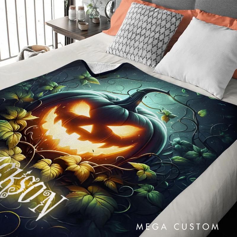 Personalized Glowing Pumpkin Scene Blanket Perfect for Eerie and Enchanting Halloween Nights