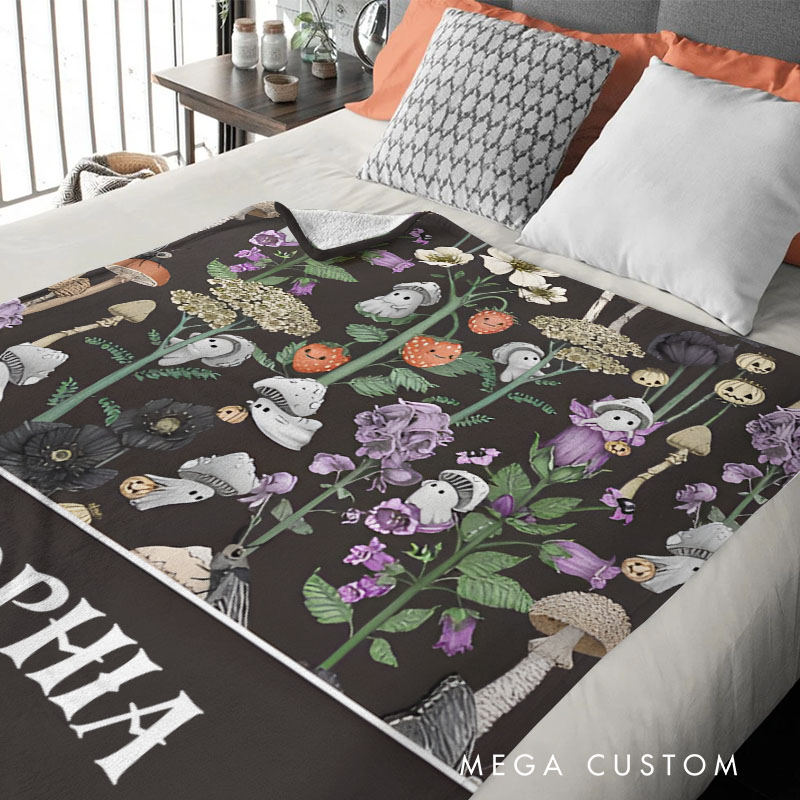 Personalized Botanical Halloween Blanket Featuring Mushrooms and Plants for Nature Inspired Decor