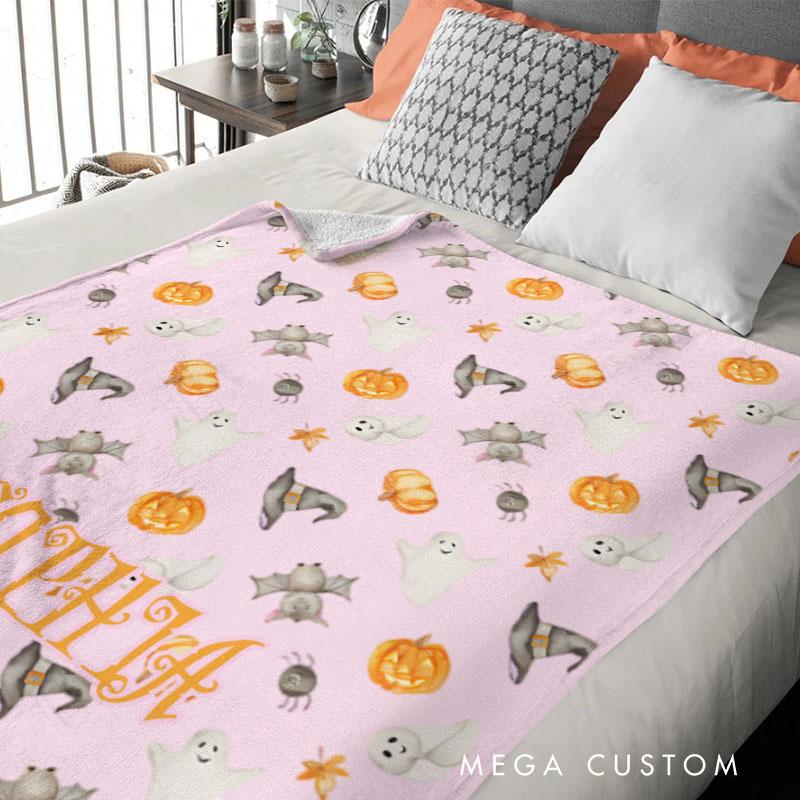 Personalized Ghost Pumpkin and Bat Pattern Blanket Perfect for Fun and Festive Halloween Celebrations