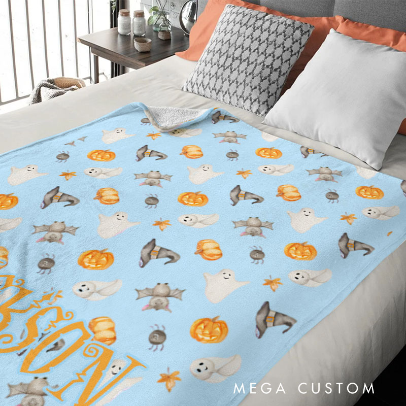 Personalized Playful Halloween Icons Blanket Featuring Pumpkins Ghosts