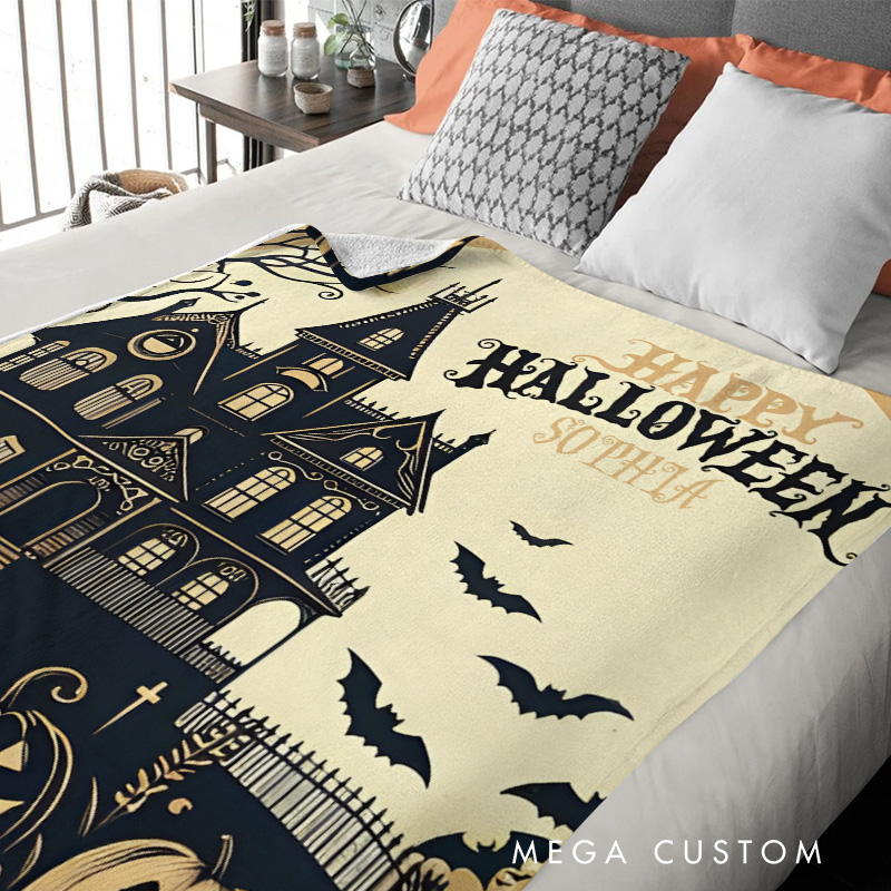 Personalized Haunted House Scene Blanket Great for Spooky and Festive Halloween Home Decorations