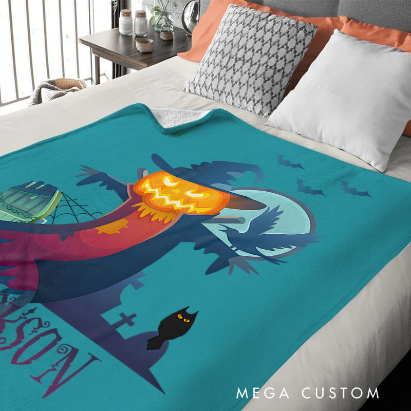 Personalized Spooky Scarecrow and Moonlit Scene Blanket Perfect for Eerie and Festive Halloween Decorations