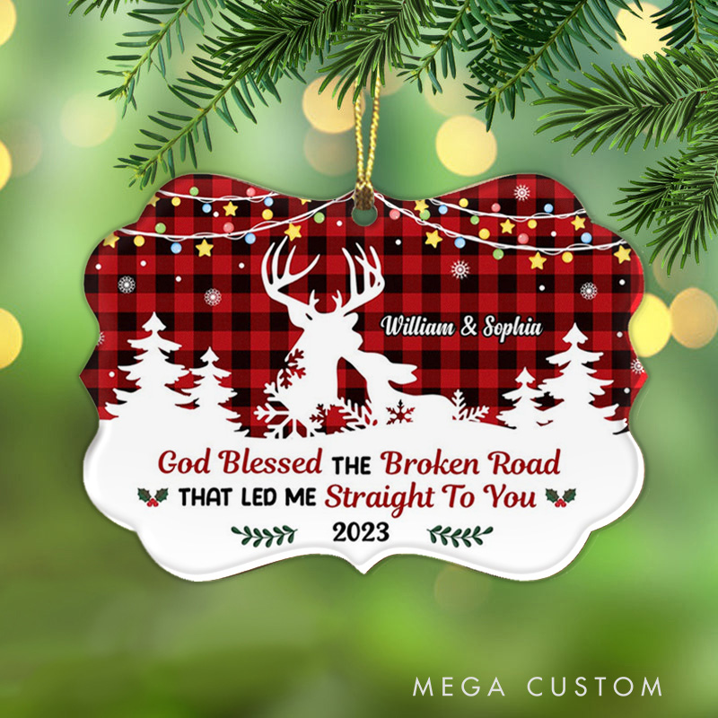 Personalized Couple Deer God Blessed the Broken Road Acrylic Ornament with Names Religious Gift Christmas Gift for Couple