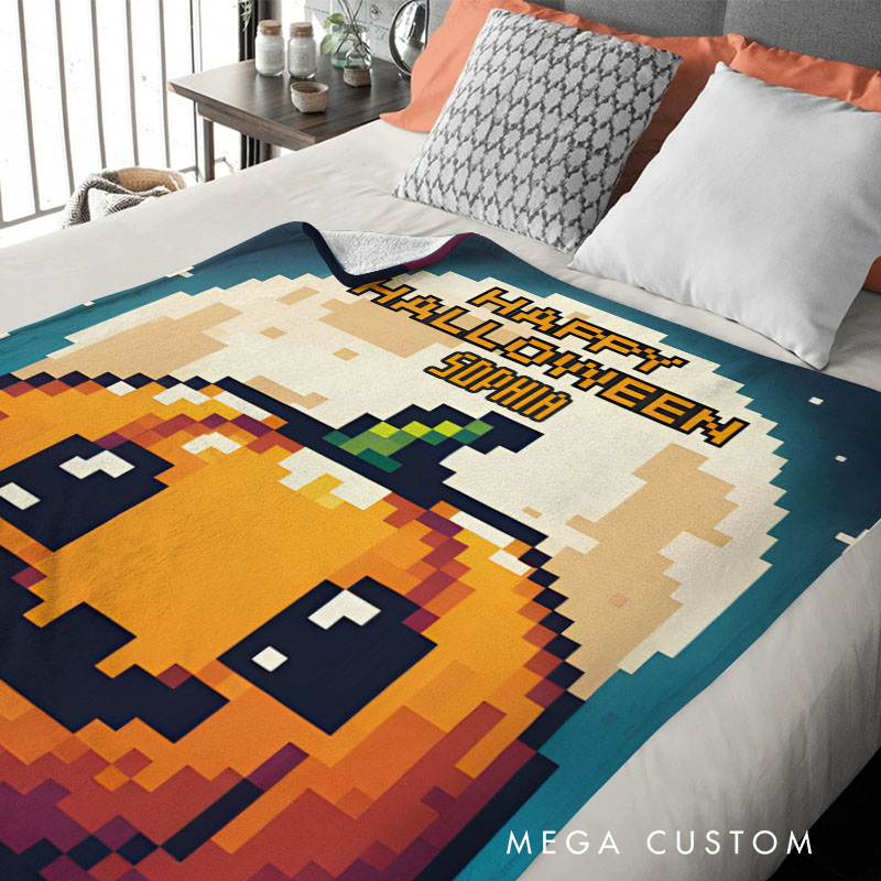 Personalized Pixel Pumpkin Blanket Great for Adding Retro Charm to Your Halloween Decorations